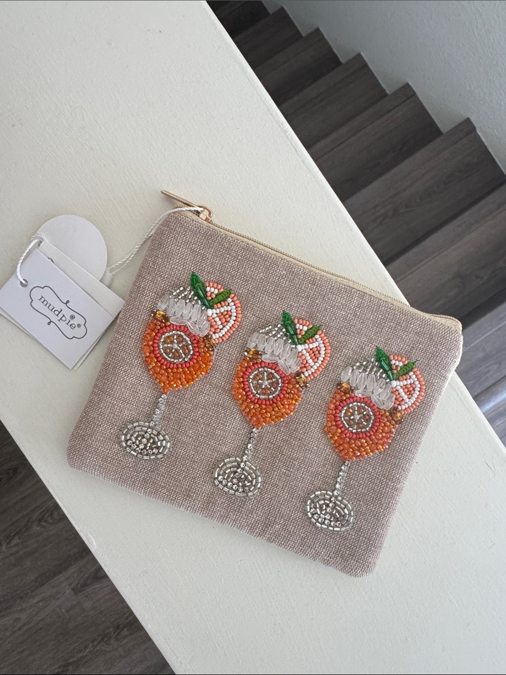Mud Pie Beige Beaded Cocktail Pouch with Orange and Green Accents